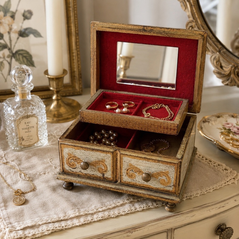 Vintage Italian Florentine Jewelry Box Gold Gilt Wood Red‎ Velvet Mirror Trinket